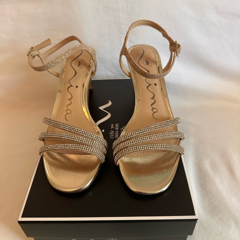 Nina Metallic Gold Crystal-Strap Evening Sandals